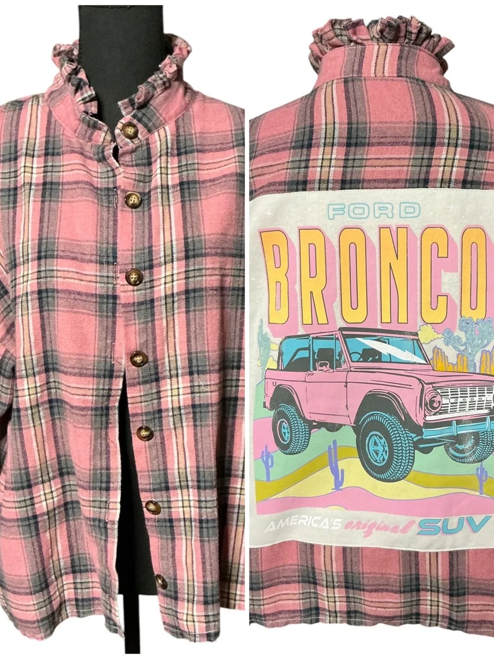 Ford Bronco Upcycled Flannel Tee Shirt Top Unique Boyfriend - Picture 3 of 11